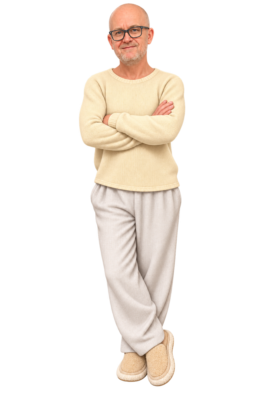 Mike als freigestellte 3D-Comicfigur mit Brille, hellem Pullover und verschränkten Armen